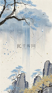 水墨金色山水插画图片_国风蓝金色彩墨春天清明节山水原创插画