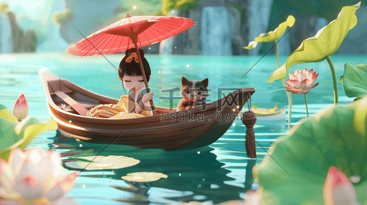夏季荷塘插画图片_荷塘里撑船女孩与猫插画4