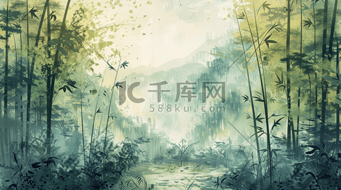 春季大自然森林里竹子风景风光的插画14