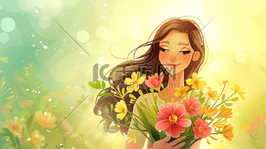 妇女节手插画图片_节日鲜花女性插画14