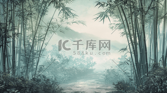 春季大自然森林里竹子风景风光的插画12