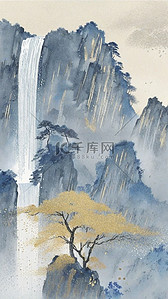 国风蓝金色彩墨春天清明节山水插画图片