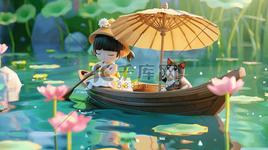 夏季荷塘插画图片_荷塘里撑船女孩与猫插画1