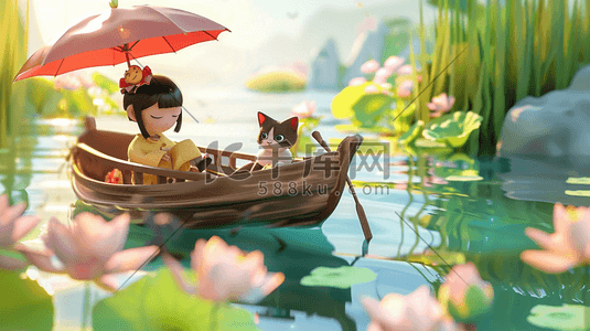 夏季荷塘插画图片_荷塘里撑船女孩与猫插画3
