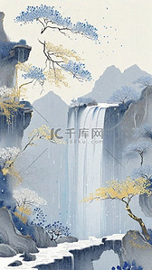 水墨金色山水插画图片_国风蓝金色彩墨春天清明节山水图片