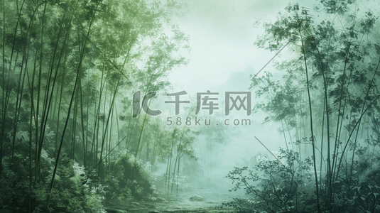 春季大自然森林里竹子风景风光的插画19