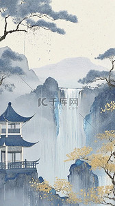 水墨金色山水插画图片_国风蓝金色彩墨春天清明节山水插画图片