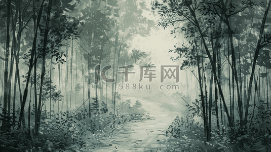 春季大自然森林里竹子风景风光的插画17