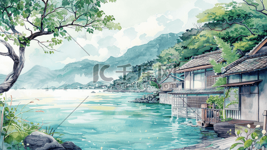 春季海边乡村风景插画15