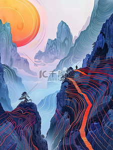 抽象线条艺术插画图片_线条艺术极光着色山脉插画