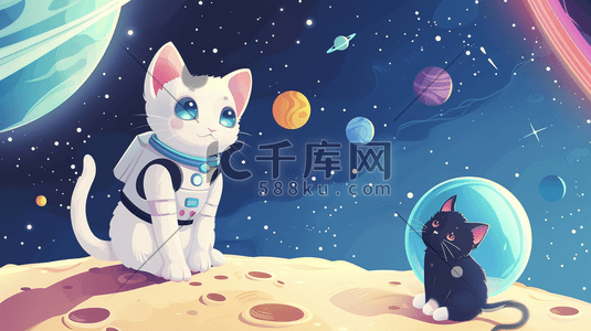 小猫跳舞插画图片_卡通立体宇宙星空小猫咪的插画6