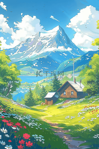 唯美风景乡村山峰手绘插画春天