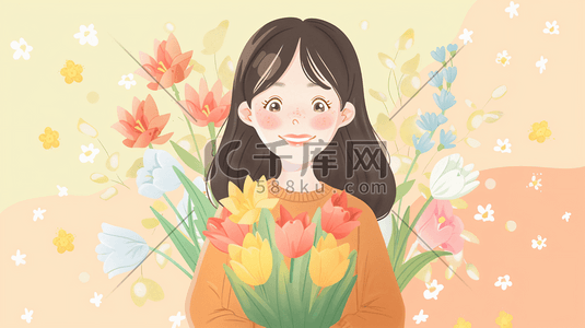 妇女节手插画图片_节日鲜花女性插画19