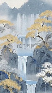 国风蓝金色彩墨春天清明节山水插画素材