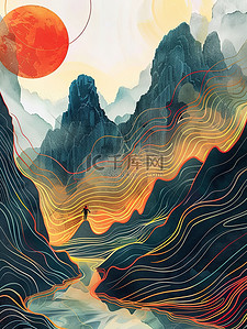 极光插画图片_线条艺术极光着色山脉插图