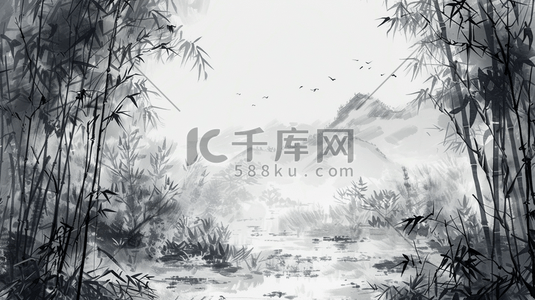 春季大自然森林里竹子风景风光的插画18