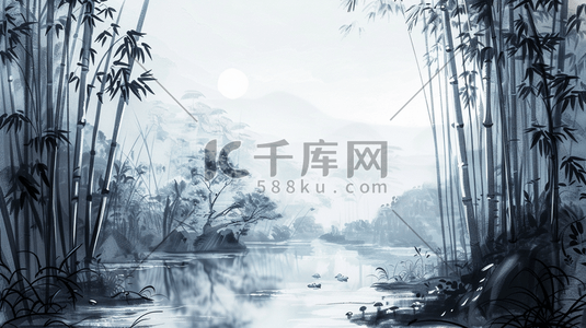 春季大自然森林里竹子风景风光的插画6