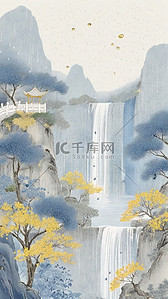 矢量水墨插画图片_国风蓝金色彩墨春天清明节山水矢量插画