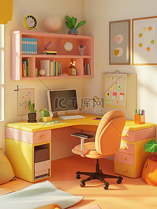 明亮的房间插画图片_书房橘黄色明亮的房间原创插画