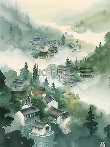 朦胧中插画图片_朦胧云雾中的村庄插图