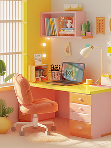 书房橘黄色明亮的房间插画海报