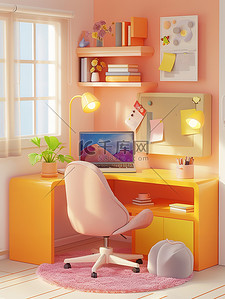 明亮的房间插画图片_书房橘黄色明亮的房间素材