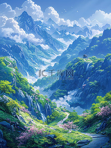 春天桃花盛开的山野小路自然风景插画