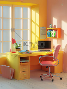 书房橘黄色明亮的房间素材