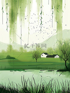 绿色乡村柳树飘动春天插图
