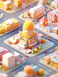 微型城市现代建筑橘黄色插画海报