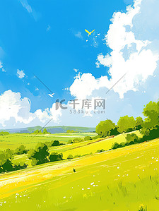 农村小楼设计图插画图片_户外平坦的草原蓝天白云插画设计