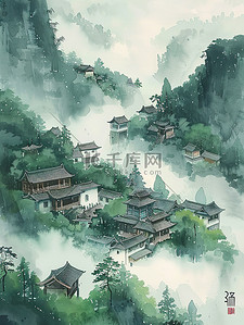 朦胧云雾中的村庄插画