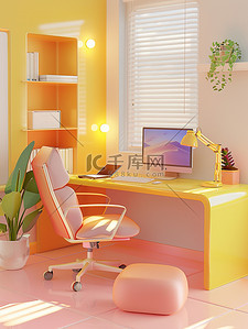 明亮的房间插画图片_书房橘黄色明亮的房间插画图片
