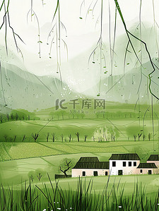 绿色乡村柳树飘动春天插画图片