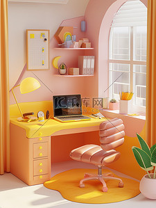 明亮的房间插画图片_书房橘黄色明亮的房间插画素材