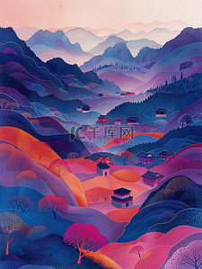 霓虹门牌插画图片_高山下村庄线条霓虹插图