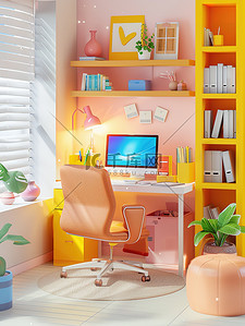 书房橘黄色明亮的房间插画海报