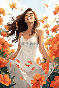 橘色的背景插画图片_手绘妇女节鲜花女人插画海报