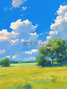 户外平坦的草原蓝天白云插画海报