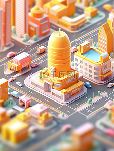 橘黄色三角形插画图片_微型城市现代建筑橘黄色素材