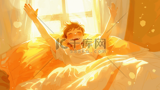 高兴的孩子插画图片_简约温馨早上阳光下男孩子起床的插画4