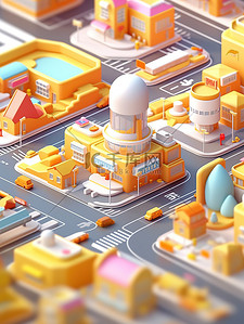 微型城市现代建筑橘黄色插画图片