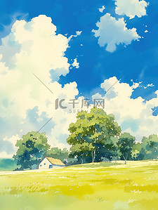 平坦插画图片_户外平坦的草原蓝天白云插画设计