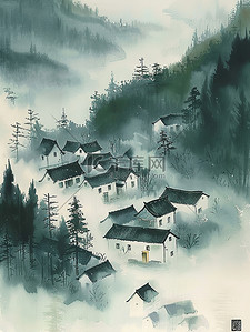 朦胧中插画图片_朦胧云雾中的村庄素材