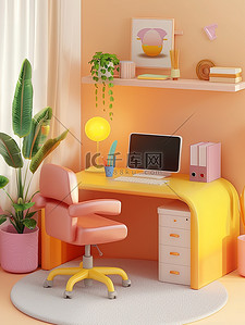 书房橘黄色明亮的房间插画素材
