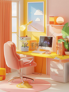 书房橘黄色明亮的房间插画素材