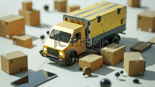 箱子动图插画图片_送货车在箱子微距场景插画设计