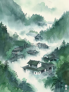 朦胧云雾中的村庄插画设计