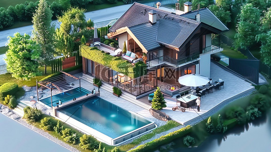 欧式风格泳池私人别墅插画设计
