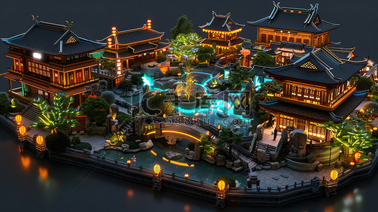 中国古代建筑小桥流水模型原创插画